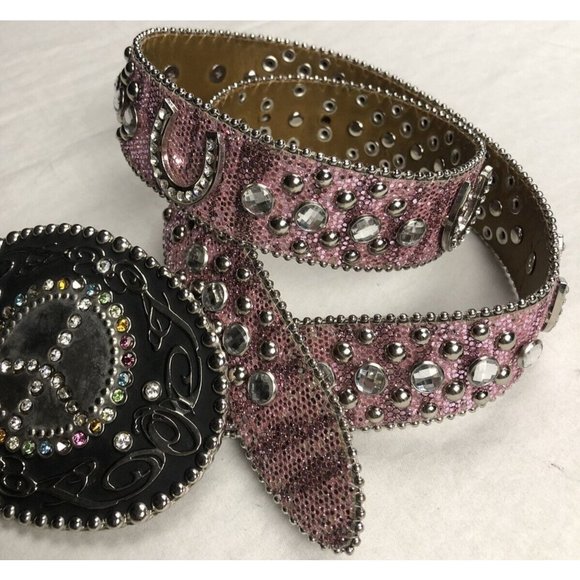 Taylor Brands leather studded Belt Woman Rhinestones Pink Peace and love buckle - Picture 2 of 6